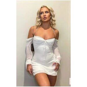 HOUSE OF CB Babydoll Halter Long Sleeve Minidress in Ivory Size X-Small